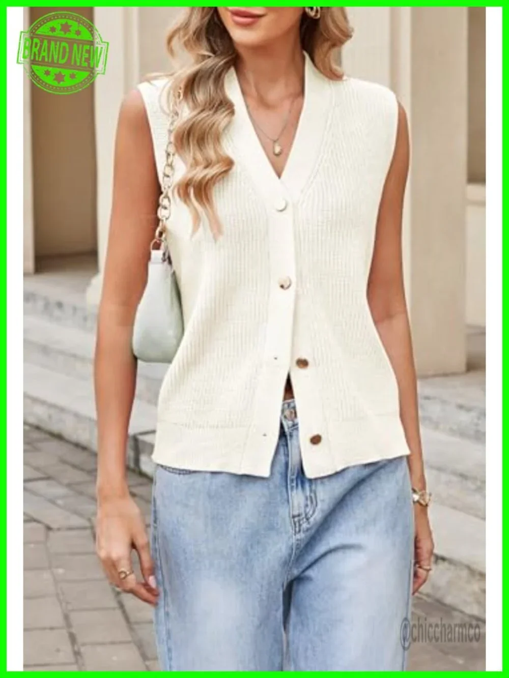 Sleeveless Button-Front Knit Sweater Vest V-Neck Cardigan Top
